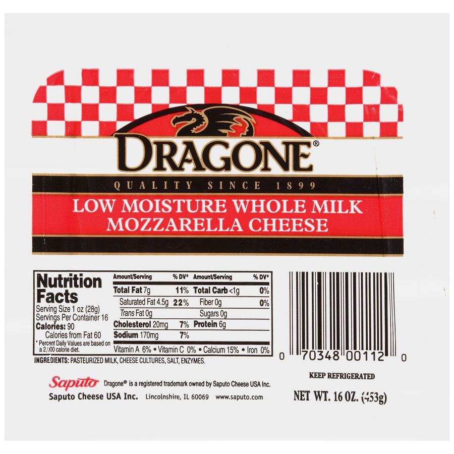 slide 1 of 6, Dragone Cheese Mozzarella Whole Milk, 16 oz