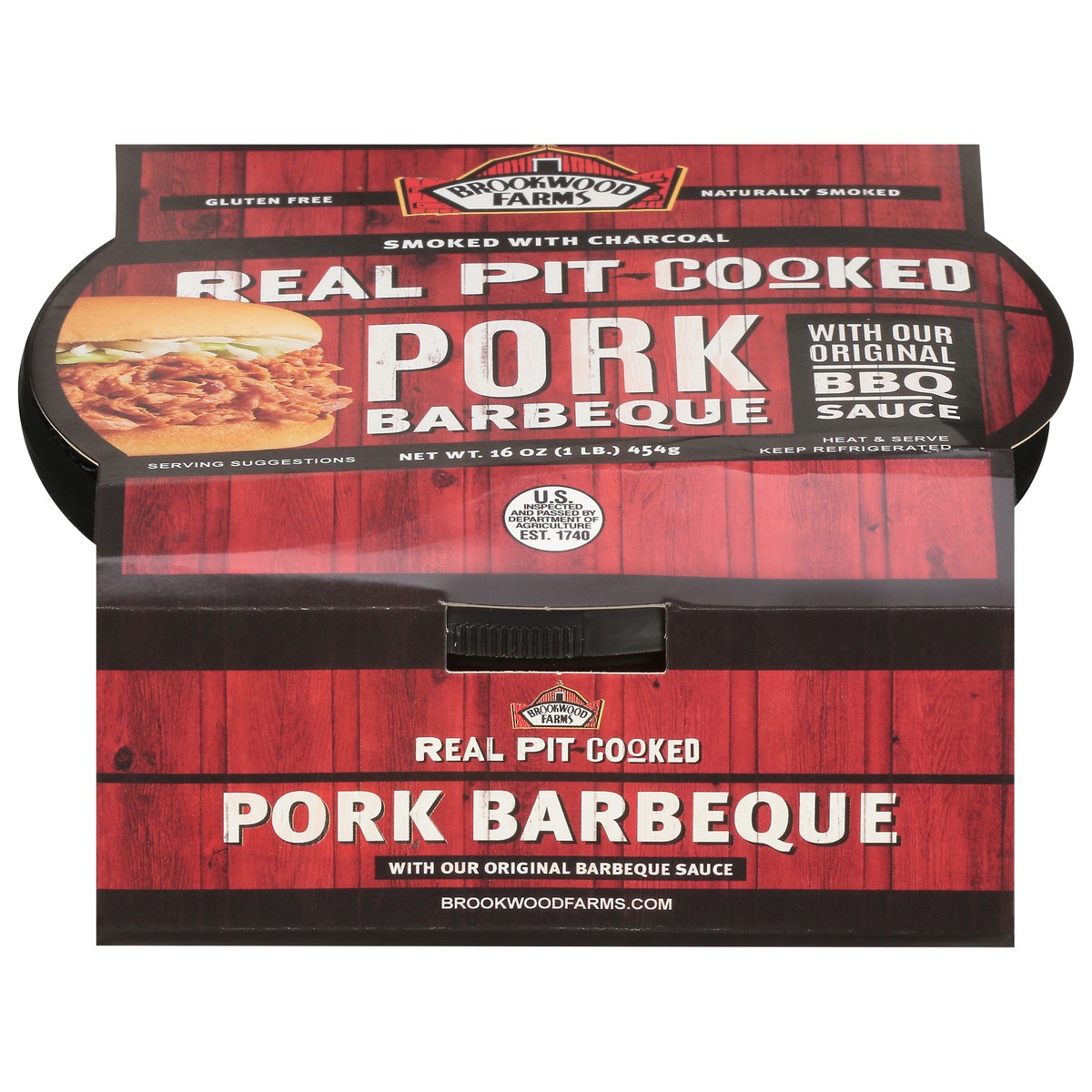 slide 1 of 12, Brookwood Farms Real Pit-Cooked Pork Barbeque with Our Original BBQ Sauce 16 oz, 16 oz