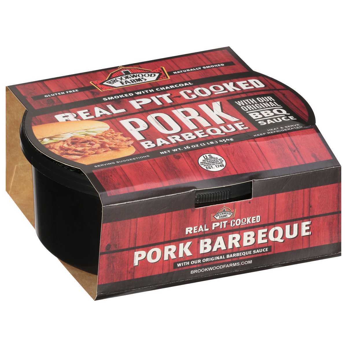 slide 2 of 12, Brookwood Farms Real Pit-Cooked Pork Barbeque with Our Original BBQ Sauce 16 oz, 16 oz