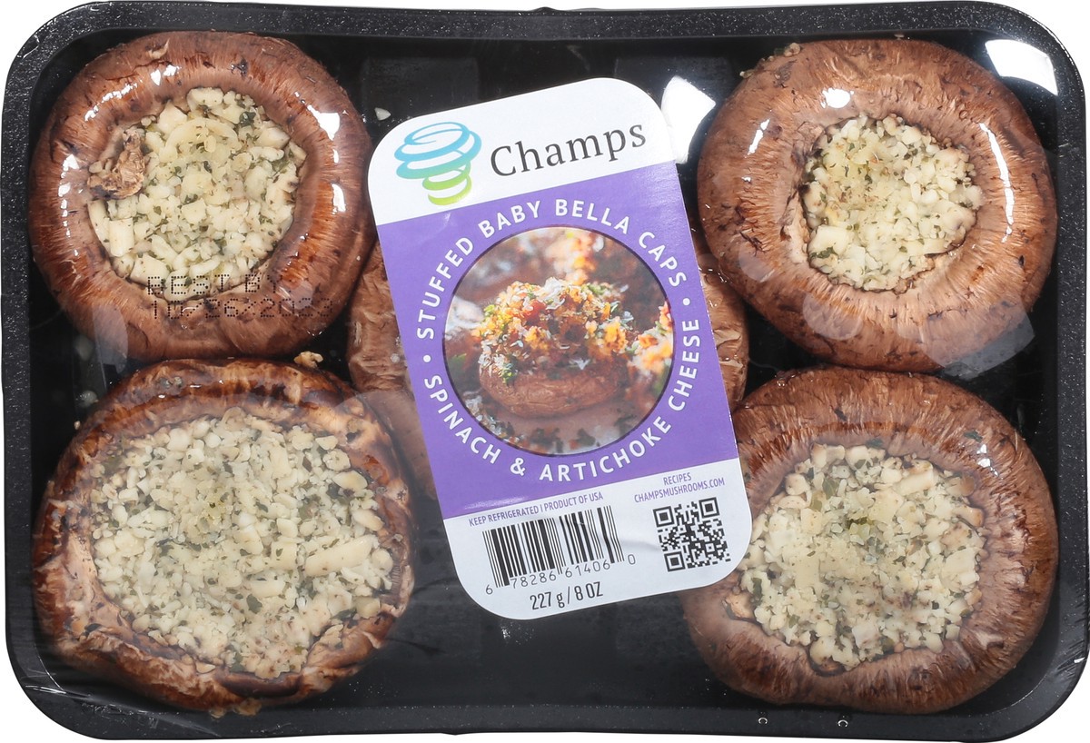 slide 6 of 13, Champs Stuffed Spinach & Artichoke Cheese Baby Bella Caps 8 oz, 8 oz