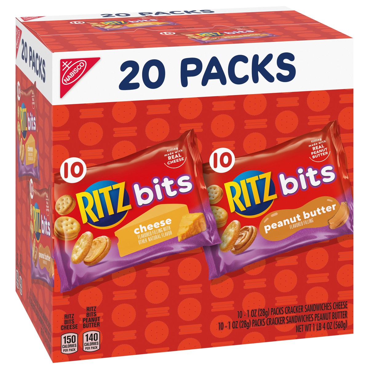 slide 6 of 9, RITZ Bits Cheese and RITZ Bits Peanut Butter Cracker Sandwiches Variety Pack, 20 Snack Packs, 20 oz