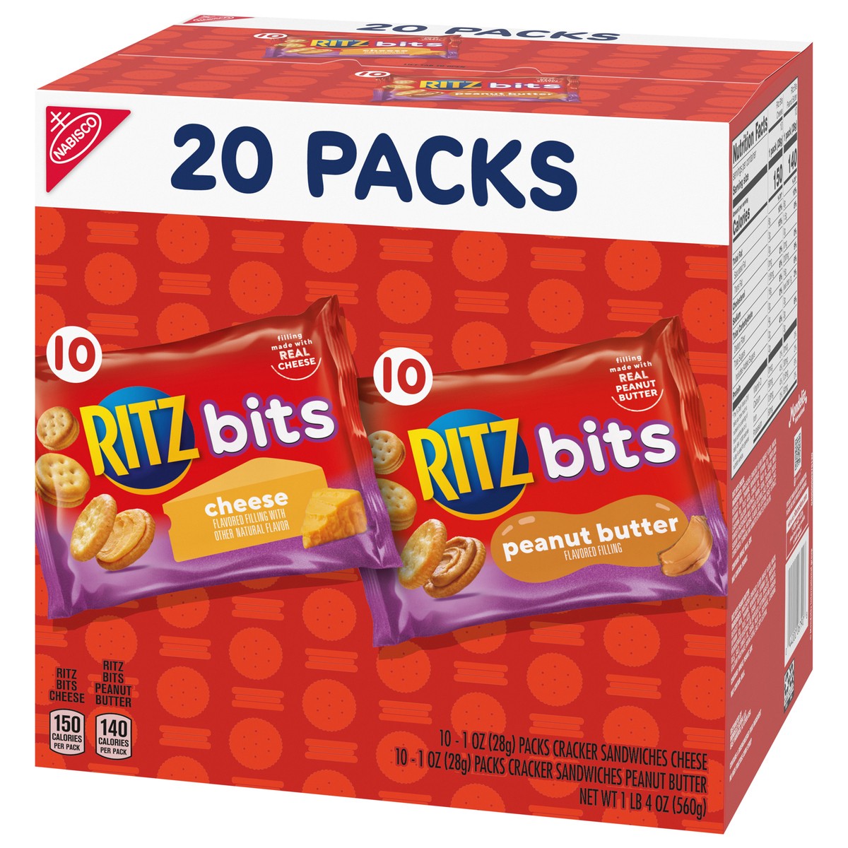 slide 7 of 9, RITZ Bits Cheese and RITZ Bits Peanut Butter Cracker Sandwiches Variety Pack, 20 Snack Packs, 20 oz