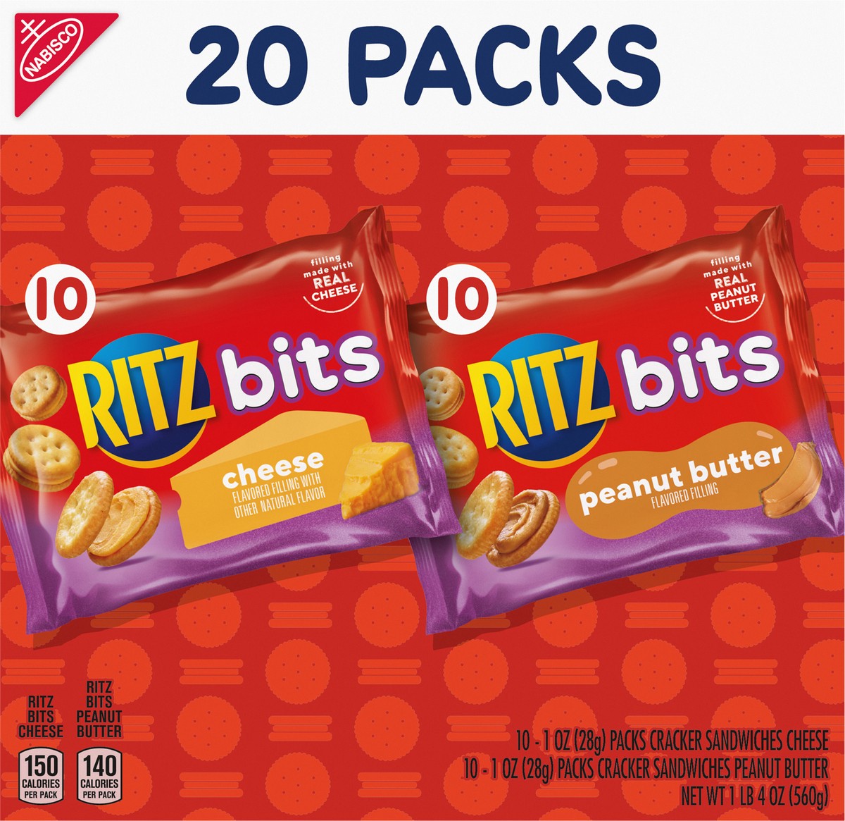 slide 2 of 9, RITZ Bits Cheese and RITZ Bits Peanut Butter Cracker Sandwiches Variety Pack, 20 Snack Packs, 20 oz