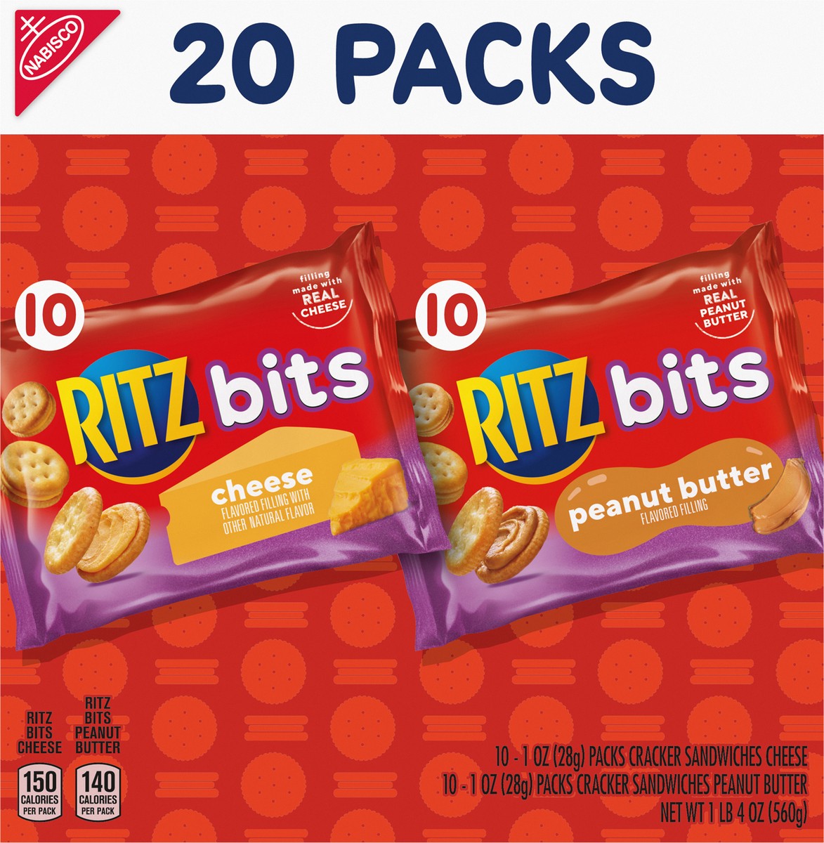 slide 9 of 9, RITZ Bits Cheese and RITZ Bits Peanut Butter Cracker Sandwiches Variety Pack, 20 Snack Packs, 20 oz