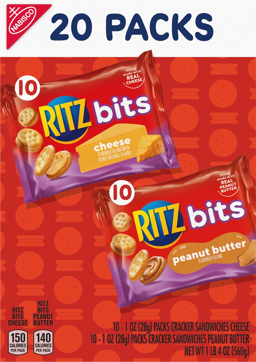 slide 5 of 9, RITZ Bits Cheese and RITZ Bits Peanut Butter Cracker Sandwiches Variety Pack, 20 Snack Packs, 20 oz