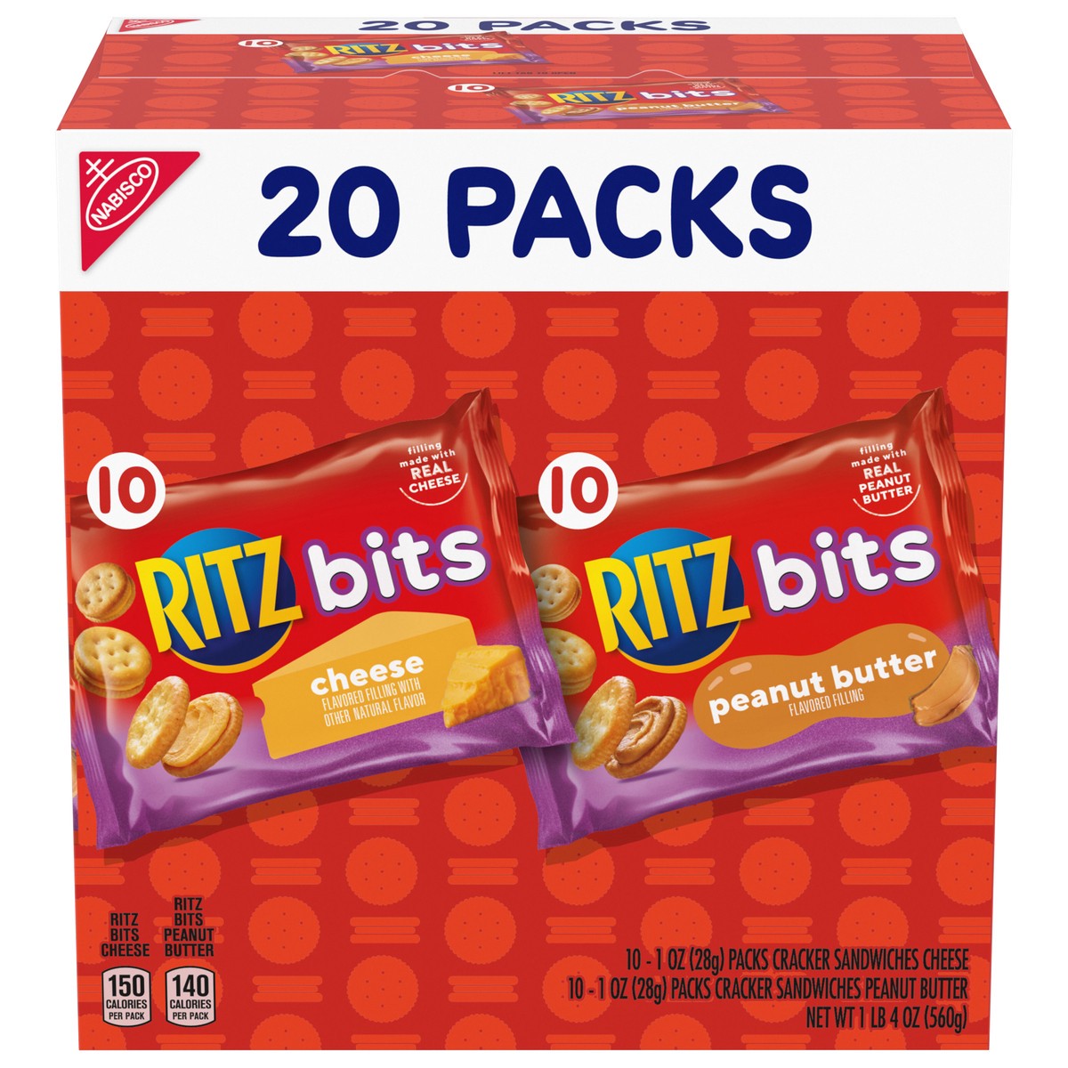 slide 1 of 9, RITZ Bits Cheese and RITZ Bits Peanut Butter Sandwich Crackers Variety Pack, Lunch Snacks, 20 Snack Packs, 20 oz