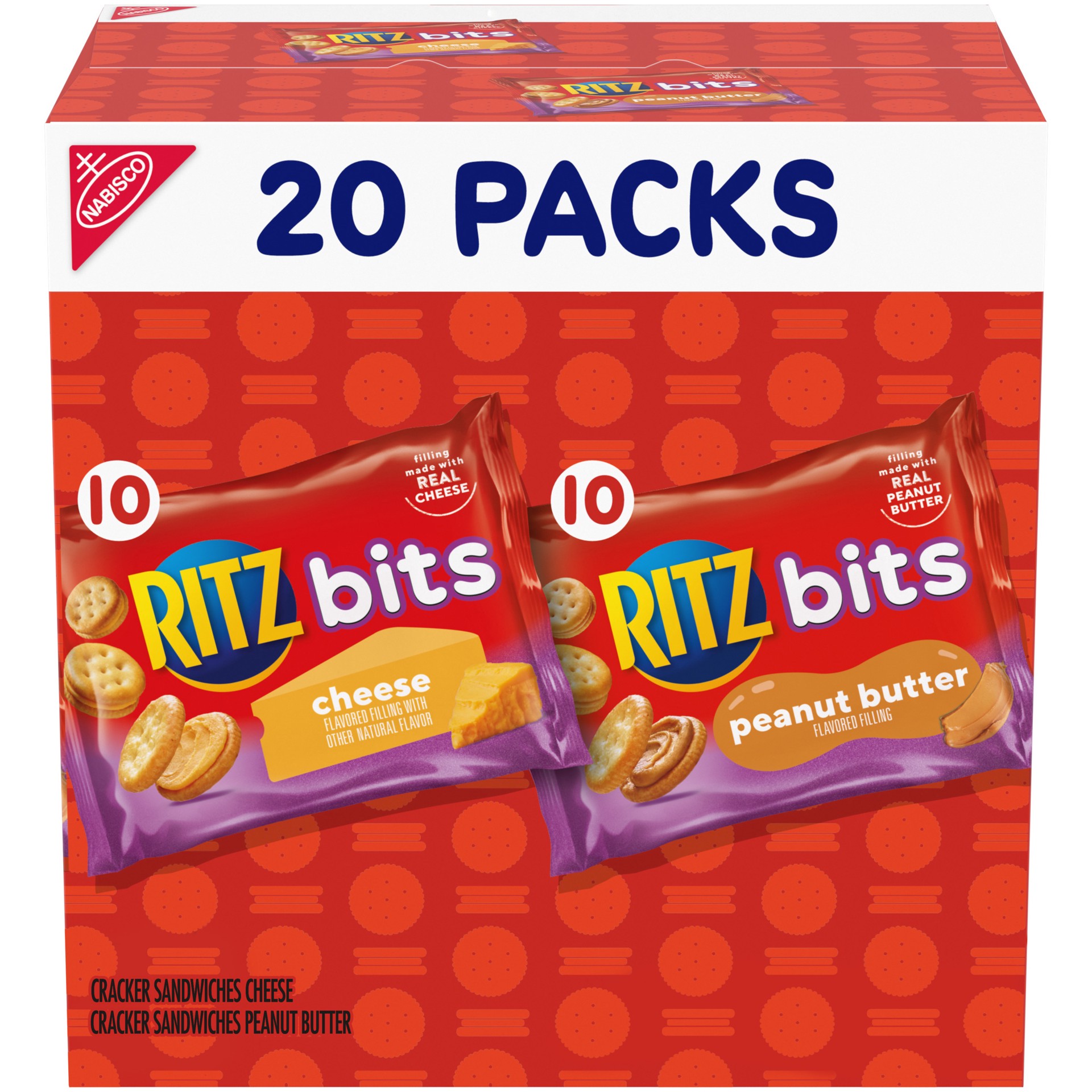 slide 1 of 9, RITZ Bits Cheese and RITZ Bits Peanut Butter Cracker Sandwiches Variety Pack, 20 Snack Packs, 20 oz