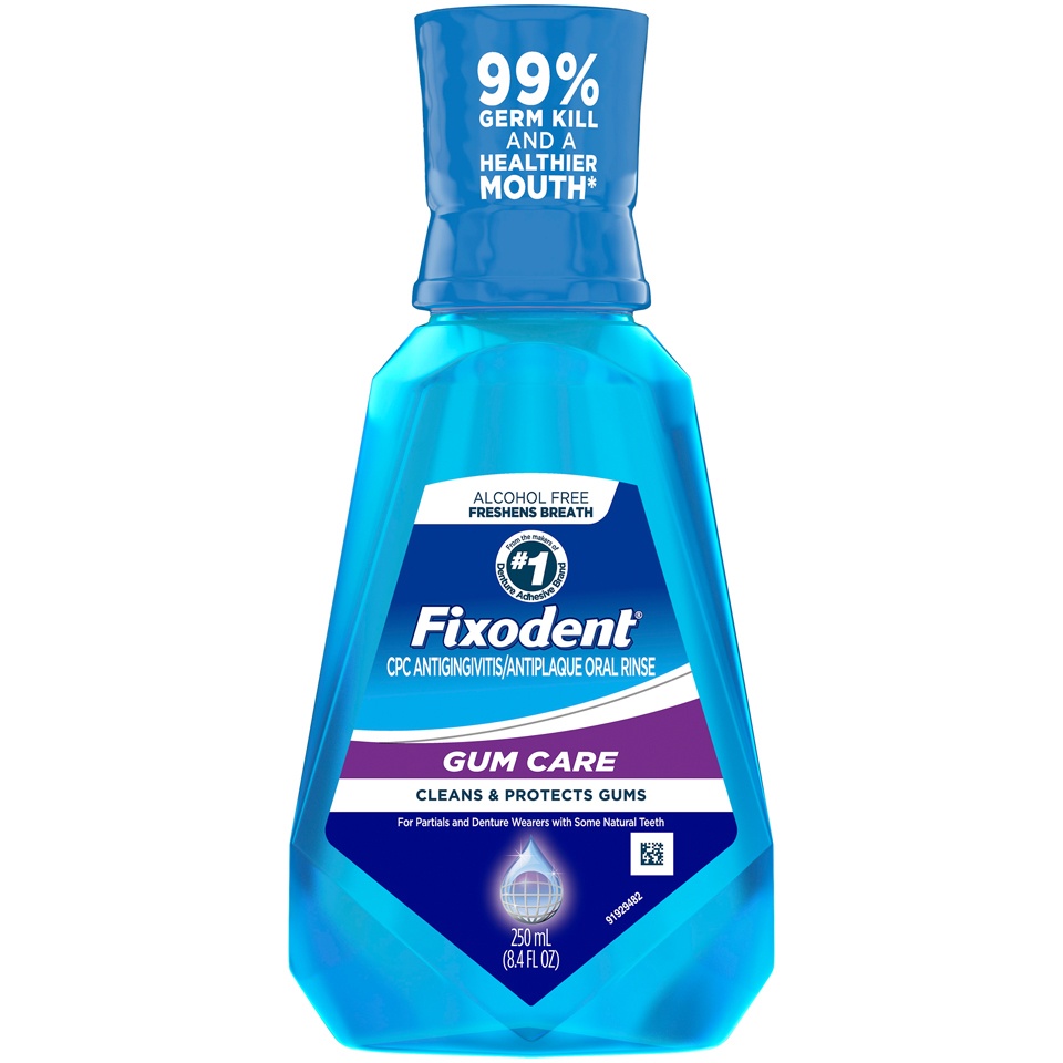 slide 1 of 1, Fixodent Gum Care Oral Rinse, Cleans And Protects Gums Of Denture Wearers, 8.4 Fl Oz, 8.4 fl oz