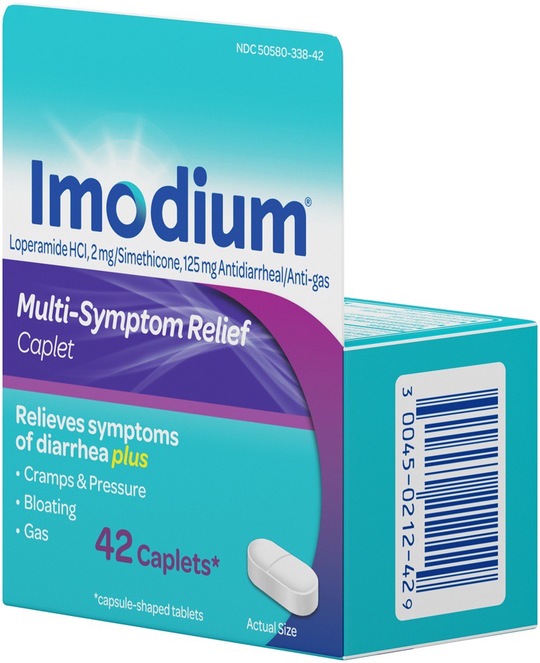 slide 2 of 6, Imodium Multi-Symptom Relief Caplets with Loperamide Hydrochloride and Simethicone, Anti-Diarrheal Medicine for Treatment of Diarrhea, Gas, Bloating, Cramps & Pressure, 42 ct