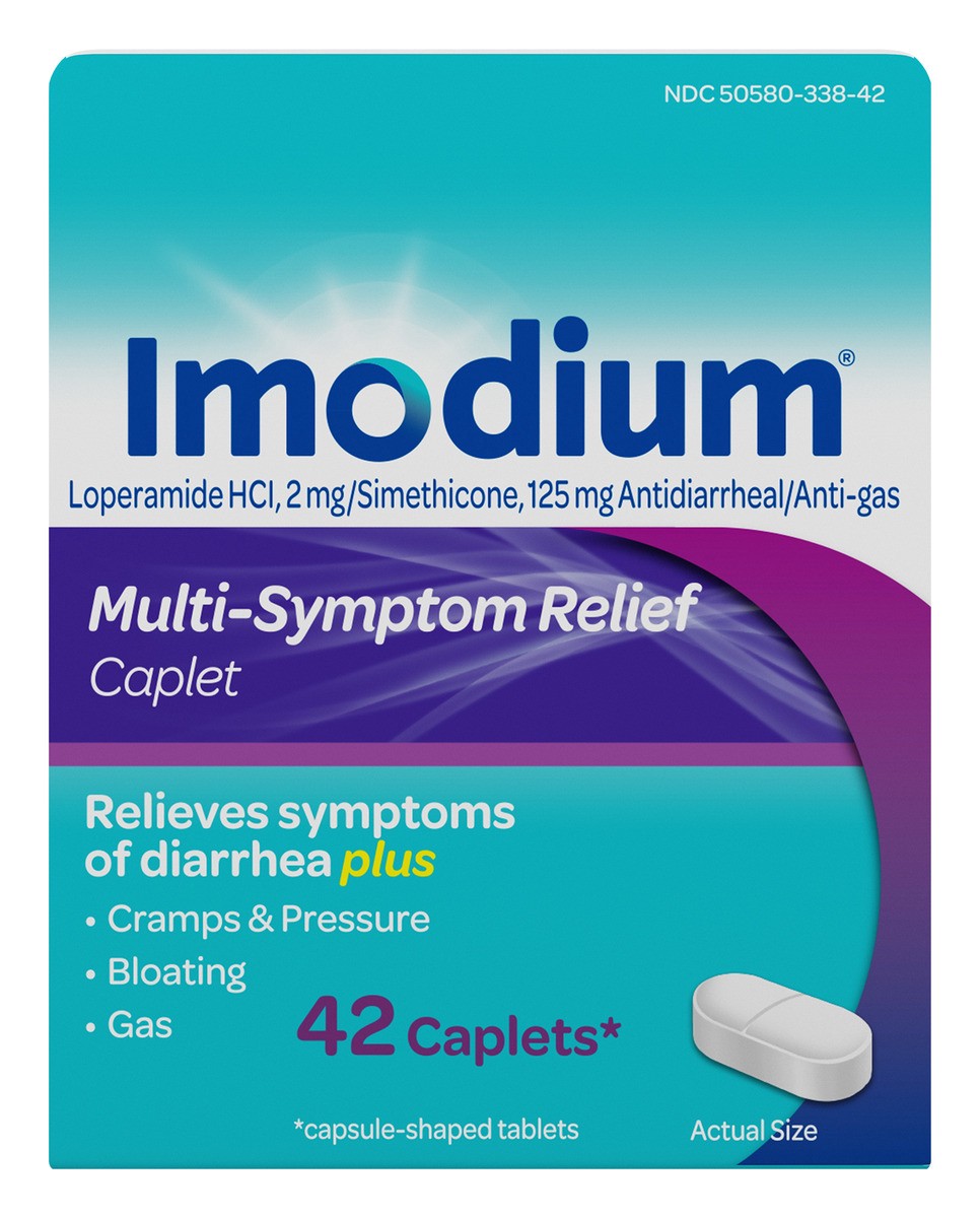 slide 1 of 6, Imodium Multi-Symptom Relief Caplets with Loperamide Hydrochloride and Simethicone, Anti-Diarrheal Medicine for Treatment of Diarrhea, Gas, Bloating, Cramps & Pressure, 42 ct