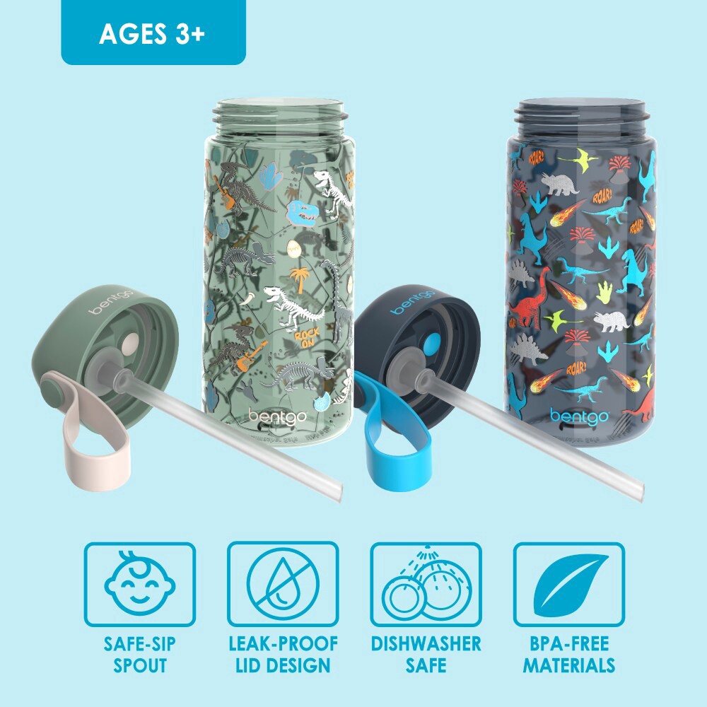 slide 2 of 3, Bentgo Dino And Fossils Kids Water Bottle, 2 ct
