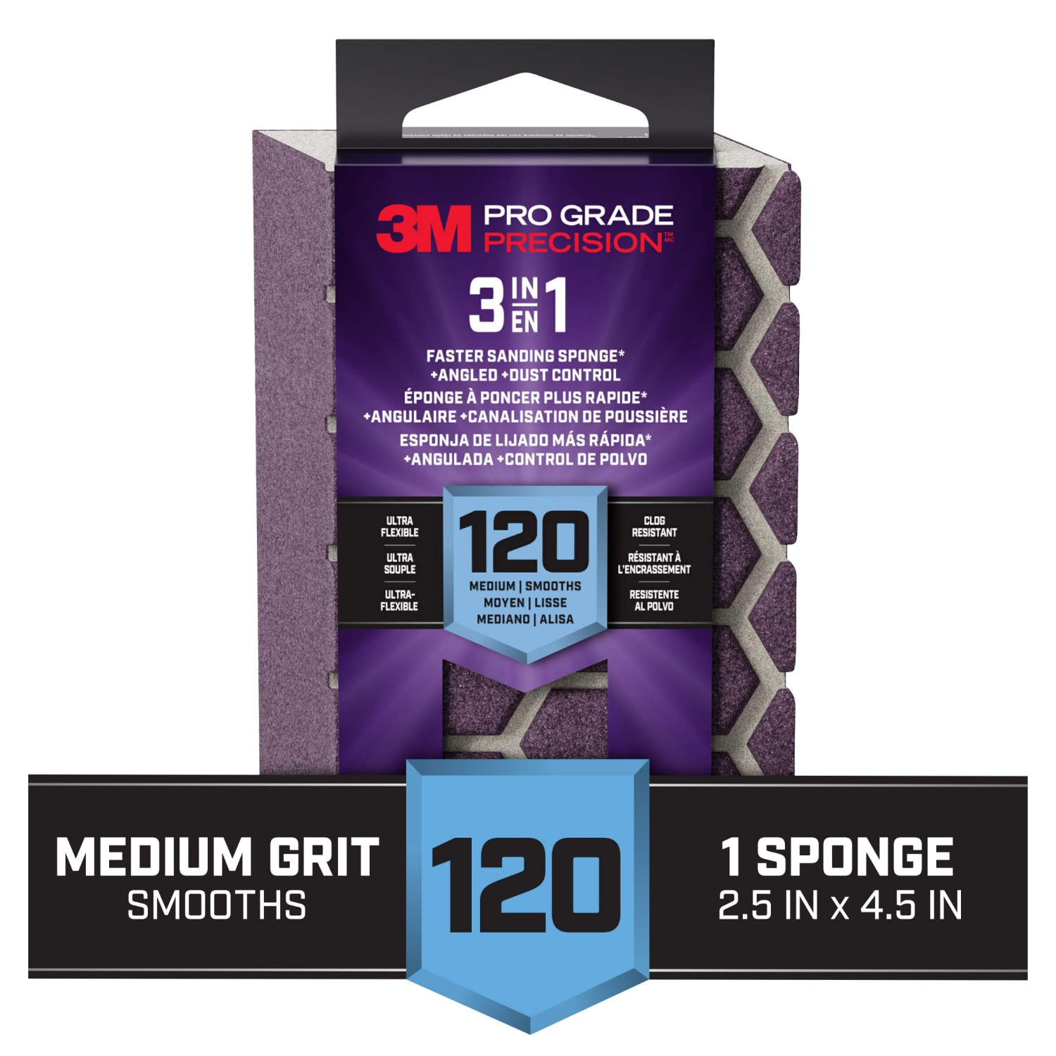 slide 2 of 3, 3m Pro Grade Precision 3-In-1 Sanding Sponge 120 Grit, 1 ct