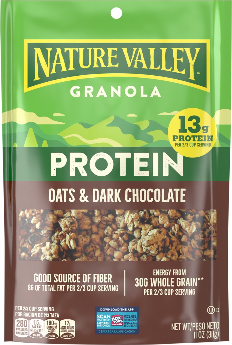 slide 10 of 13, Nature Valley Protein Granola, Oats and Dark Chocolate, Resealable Bag, 11 OZ, 11 oz