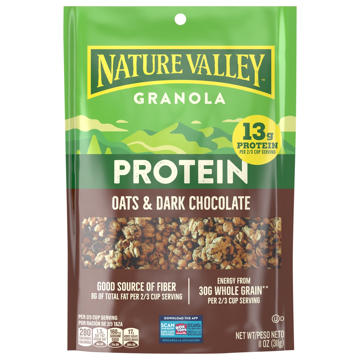 slide 1 of 13, Nature Valley Protein Granola, Oats and Dark Chocolate, Resealable Bag, 11 OZ, 11 oz