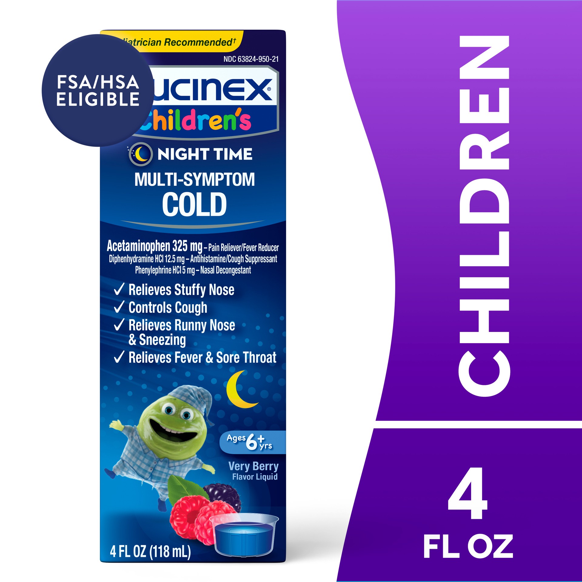 slide 1 of 8, Mucinex Children's Multi-Symptom Nighttime Cold Liquid, Very Berry Flavor, 4 Ounce (Packaging May Vary), 4 oz