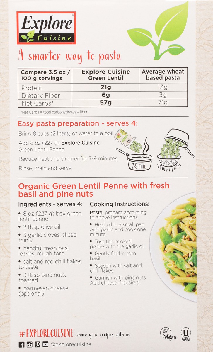 slide 9 of 9, Explore Cuisine Organic Green Lentil Penne 8 oz, 1 ct