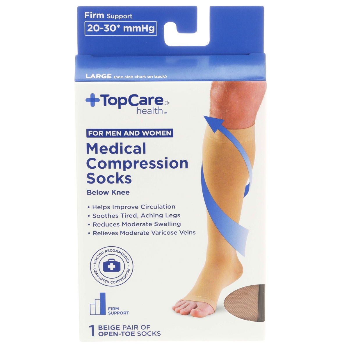 slide 1 of 1, TopCare Health Men & Women Large Medical Compression Socks Below Knee, Beige Open Toe, 1 pair