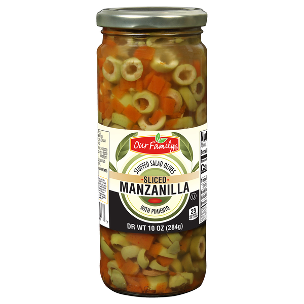 slide 1 of 1, Our Family Olv Salad Slcd, 10 oz