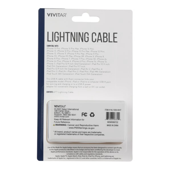slide 2 of 2, Vivitar Lightning To Usb-A Cable, 6', Black, Nil1006-Wht-Stk-24, 1 ct