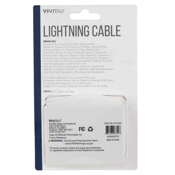 slide 2 of 2, Vivitar Lightning To Usb-A Cable, 10', Black, Nil1010-Blk-Stk-24, 1 ct