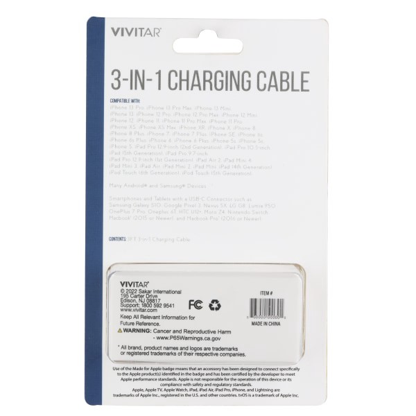 slide 2 of 2, Vivitar 3-In-1 Charging Cable, 3', Black, Nil2001-Blk-Stk-24, 1 ct