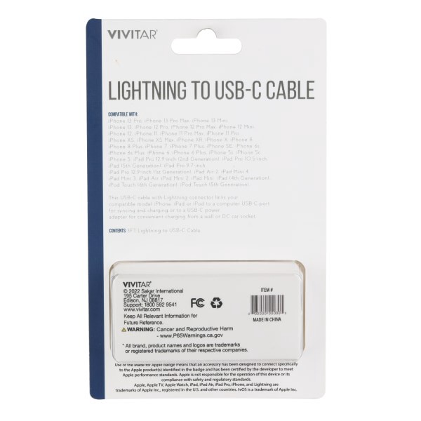 slide 2 of 2, Vivitar Lightning To Usb-C Cable, 3', Black, Nil3003-Blk-Stk-24, 1 ct