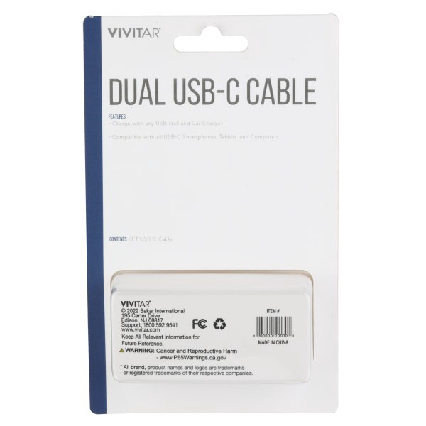 slide 2 of 2, Vivitar Dual Usb-C Charging Cable, 6', White, Nil3006-Wht-Stk-24, 1 ct