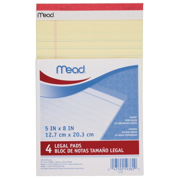 slide 1 of 2, Mead Legal Pad ye, 4 ct