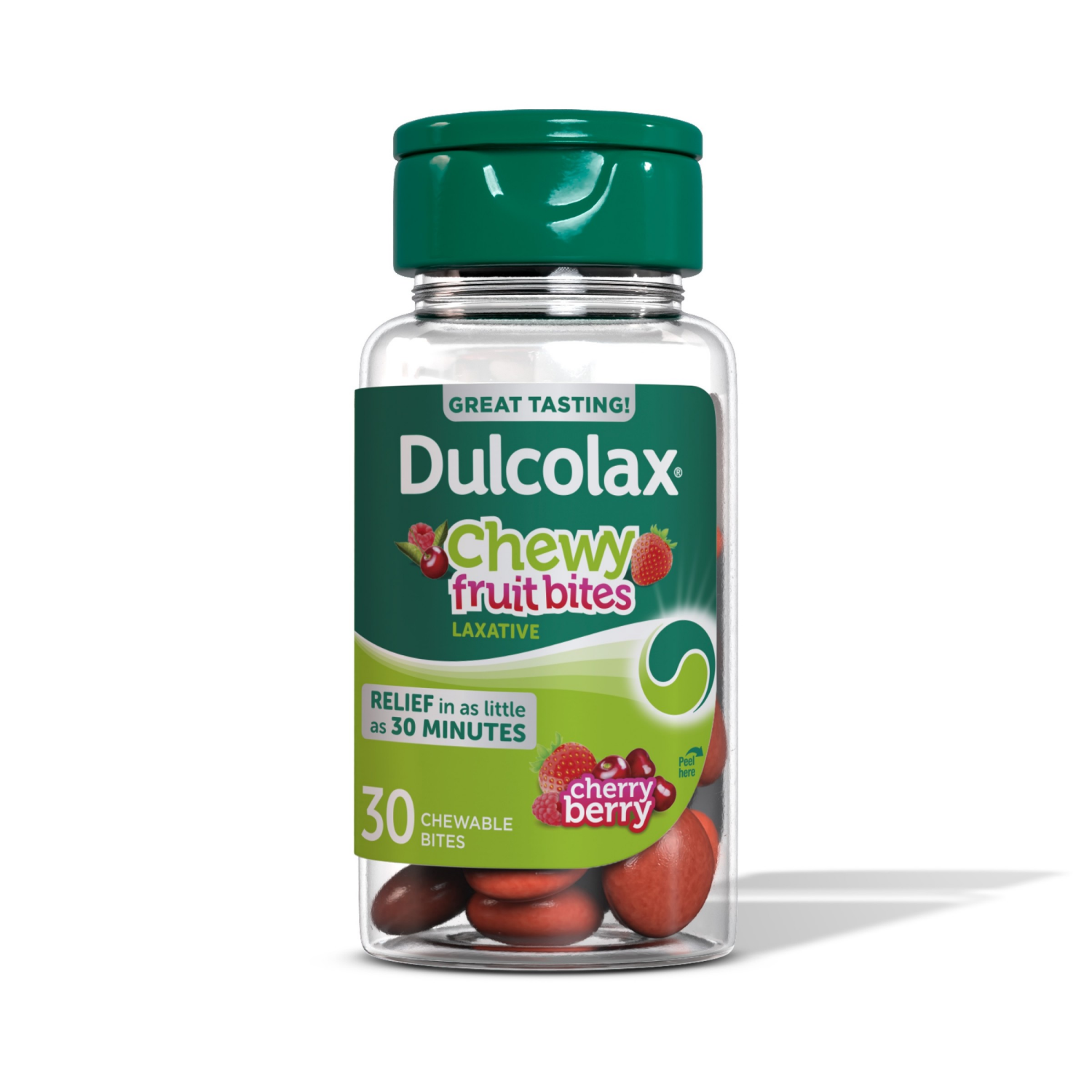 slide 1 of 5, Dulcolax Chewy Fruit Bites Cherry Berry Saline Laxative, 30 ct