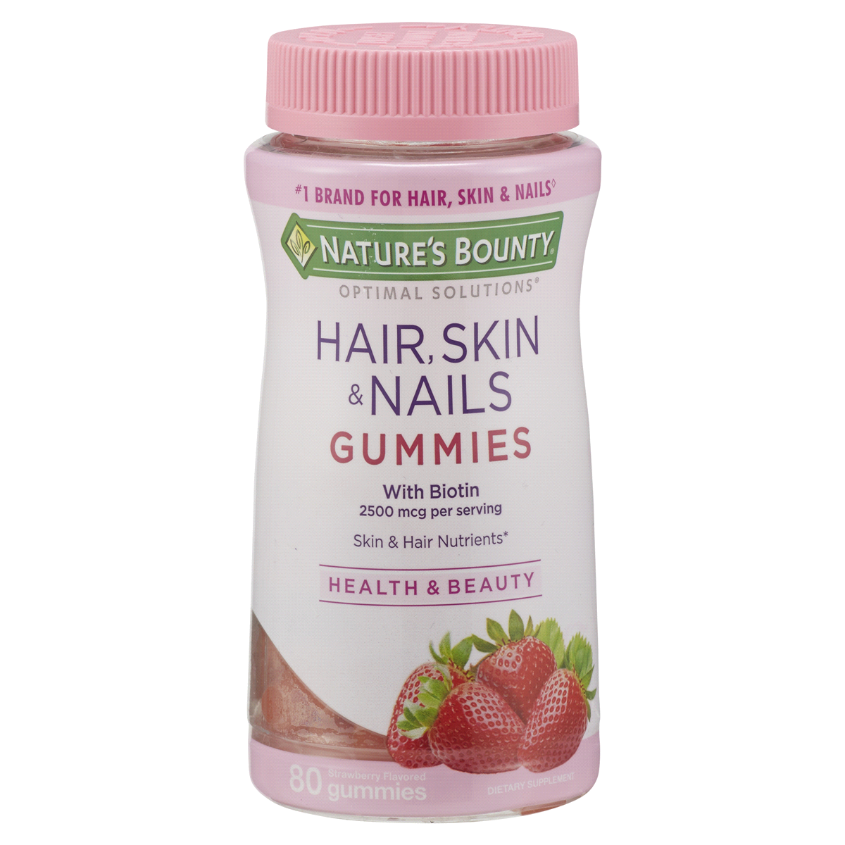slide 1 of 4, Nature's Bounty Optimal Solutions 2,500 mcg Strawberry Flavored Hair, Skin & Nails 80 Gummies, 80 ct