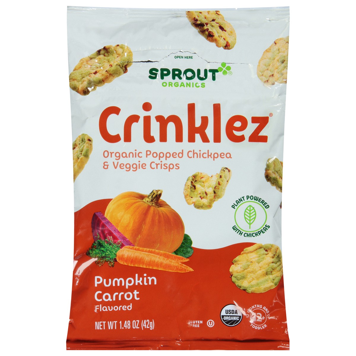 slide 1 of 9, Sprout Organics Crinklez Popped Organic Pumpkin Carrot Flavored Chickpea & Veggie Crisps 1.48 oz, 1.48 oz