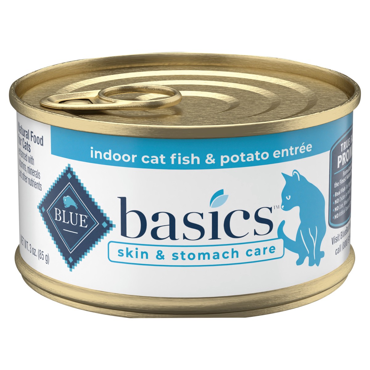 slide 2 of 11, Blue Buffalo Basics Skin & Stomach Care, Grain Free Natural Adult Pate Wet Cat Food, Indoor Fish 3-oz Can, 3 oz