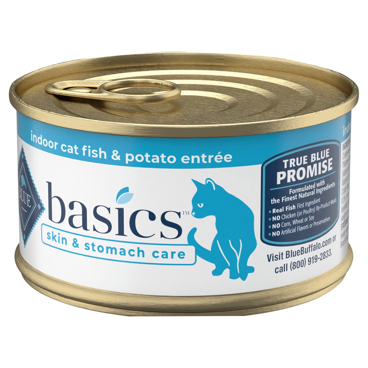 slide 6 of 11, Blue Buffalo Basics Skin & Stomach Care, Grain Free Natural Adult Pate Wet Cat Food, Indoor Fish 3-oz Can, 3 oz