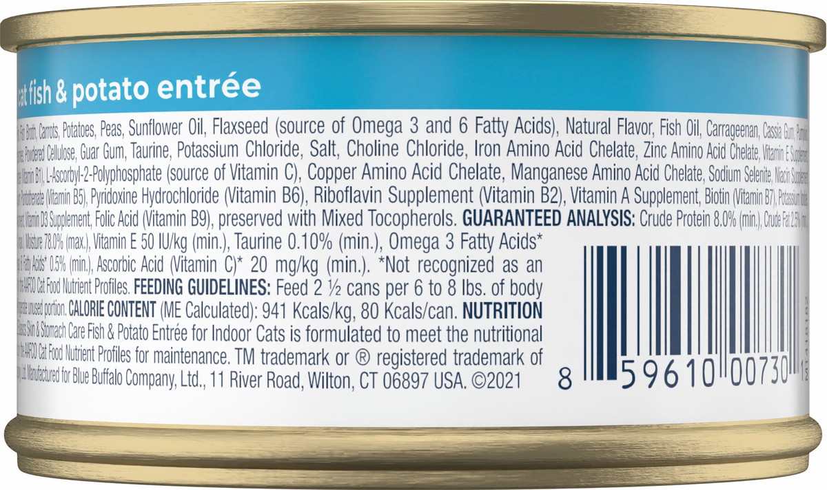 slide 8 of 11, Blue Buffalo Basics Skin & Stomach Care, Grain Free Natural Adult Pate Wet Cat Food, Indoor Fish 3-oz Can, 3 oz