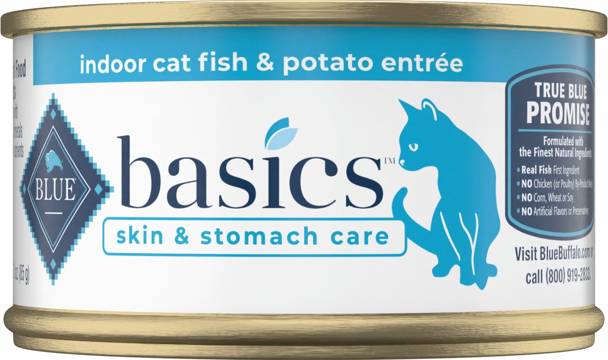 slide 9 of 11, Blue Buffalo Basics Skin & Stomach Care, Grain Free Natural Adult Pate Wet Cat Food, Indoor Fish 3-oz Can, 3 oz