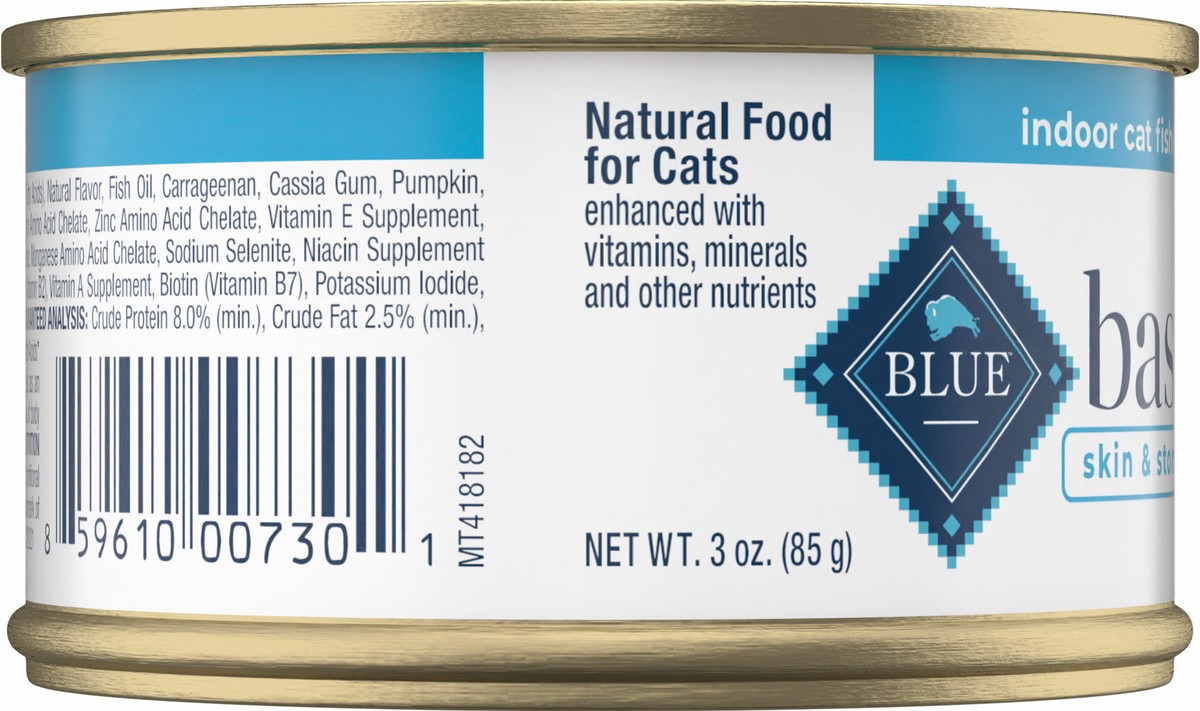 slide 10 of 11, Blue Buffalo Basics Skin & Stomach Care, Grain Free Natural Adult Pate Wet Cat Food, Indoor Fish 3-oz Can, 3 oz