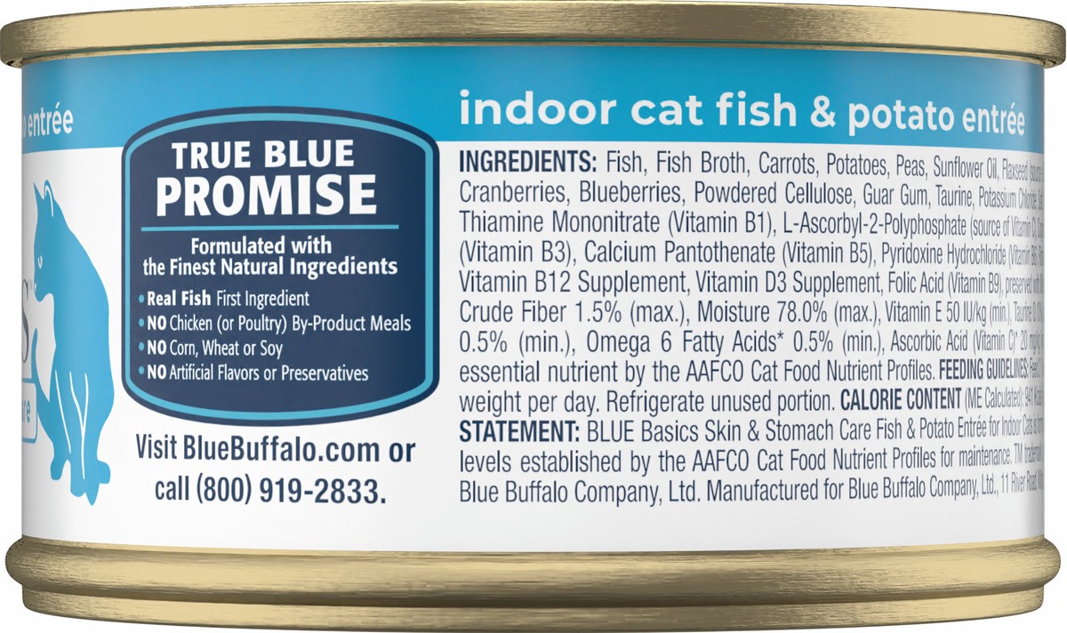 slide 11 of 11, Blue Buffalo Basics Skin & Stomach Care, Grain Free Natural Adult Pate Wet Cat Food, Indoor Fish 3-oz Can, 3 oz