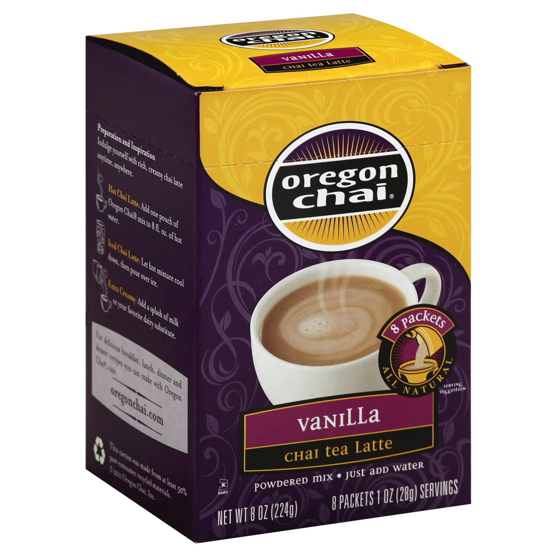 slide 1 of 4, Oregon Chai Chai Tea Latte, Powdered Mix, Vanilla, 8 ct