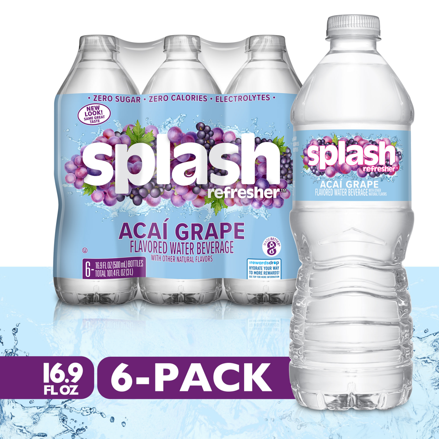slide 1 of 8, Splash Refresher Acai Grape Flavored Water, 16.9 fl oz, 6 Pack, 6 ct
