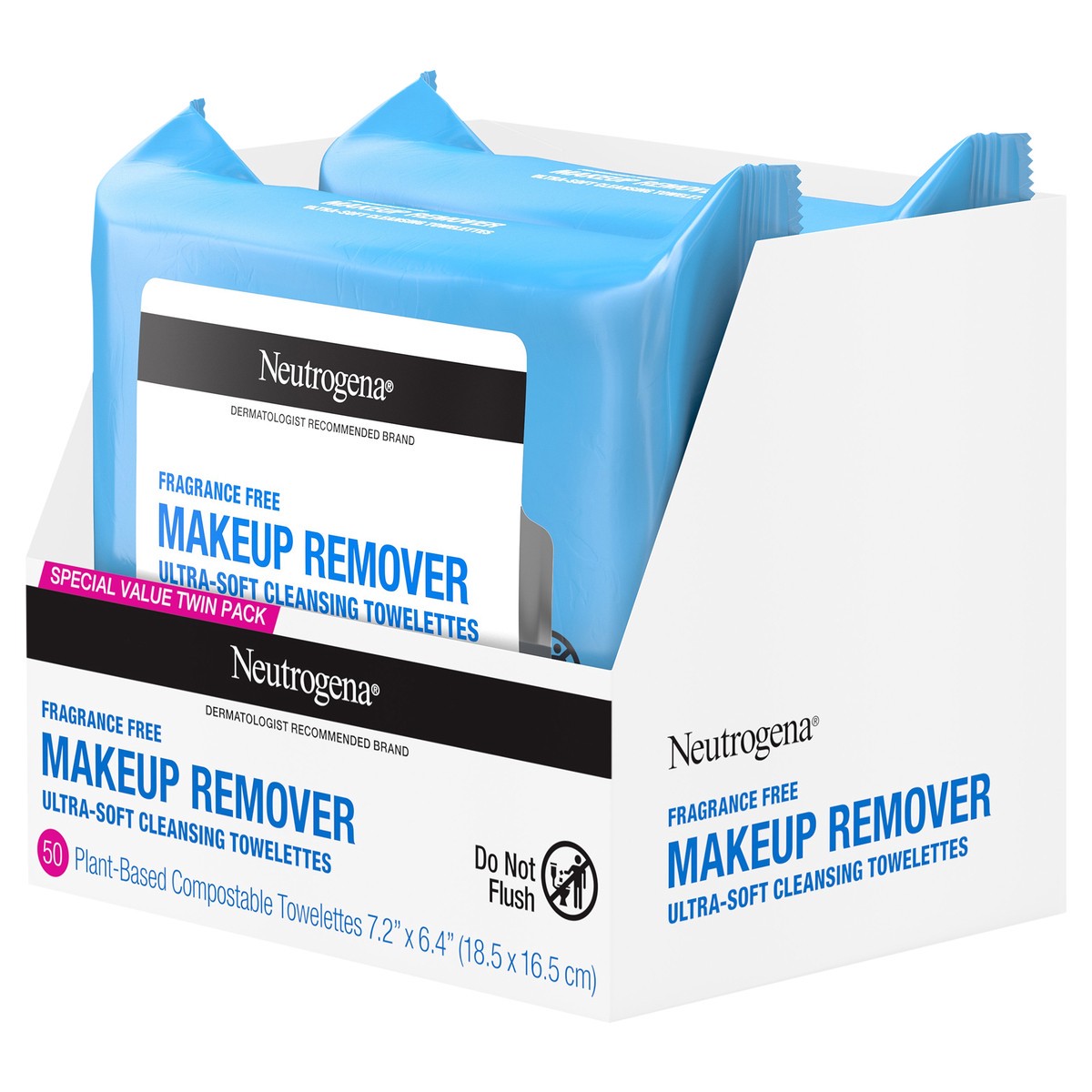 slide 8 of 10, Neutrogena Fragrance-Free Makeup Remover Wipes, Daily Facial Cleanser Towelettes, Gently Removes Oil & Makeup, Alcohol-Free Makeup Wipes, Twin Pack, 2 x 25 ct, 50 ct