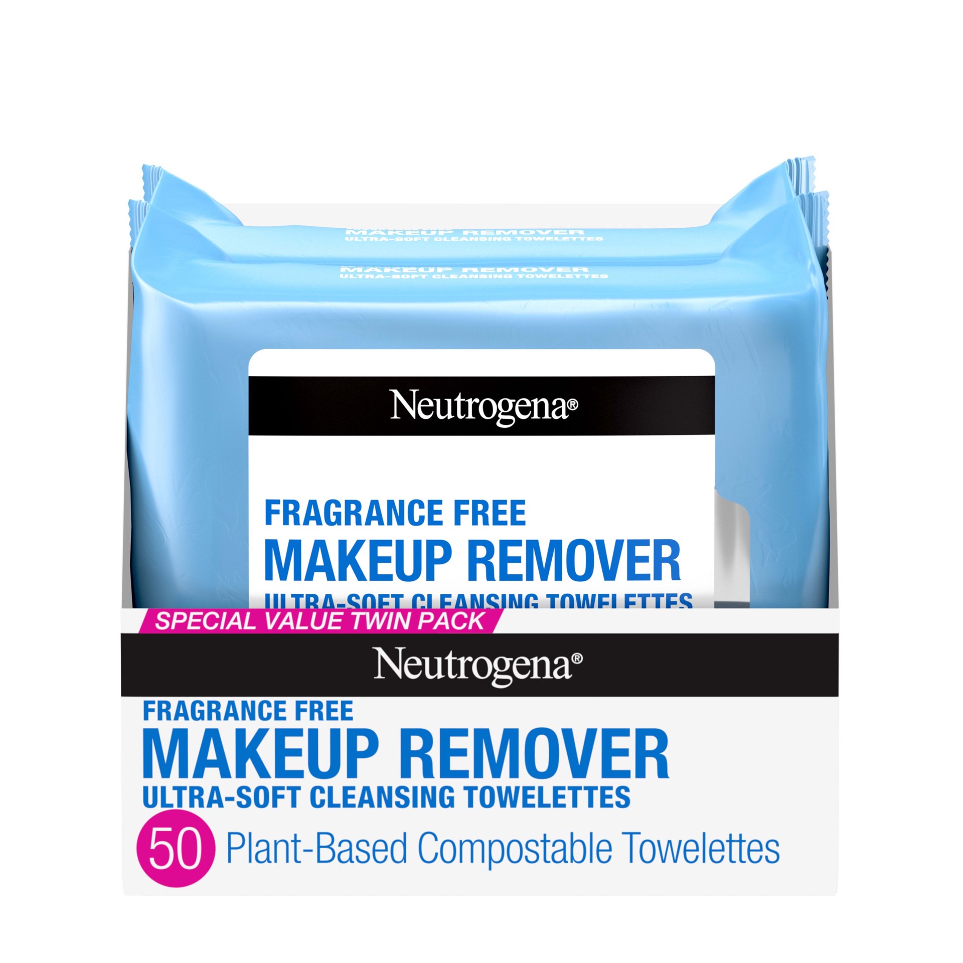 slide 1 of 10, Neutrogena Fragrance-Free Makeup Remover Wipes, Daily Facial Cleanser Towelettes, Gently Removes Oil & Makeup, Alcohol-Free Makeup Wipes, Twin Pack, 2 x 25 ct, 50 ct