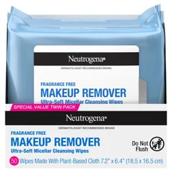 Neutrogena Fragrance-Free Makeup Remover Wipes, Daily Facial Cleanser Towelettes, Gently Removes Oil & Makeup, Alcohol-Free Makeup Wipes, Twin Pack, 2 x 25 ct