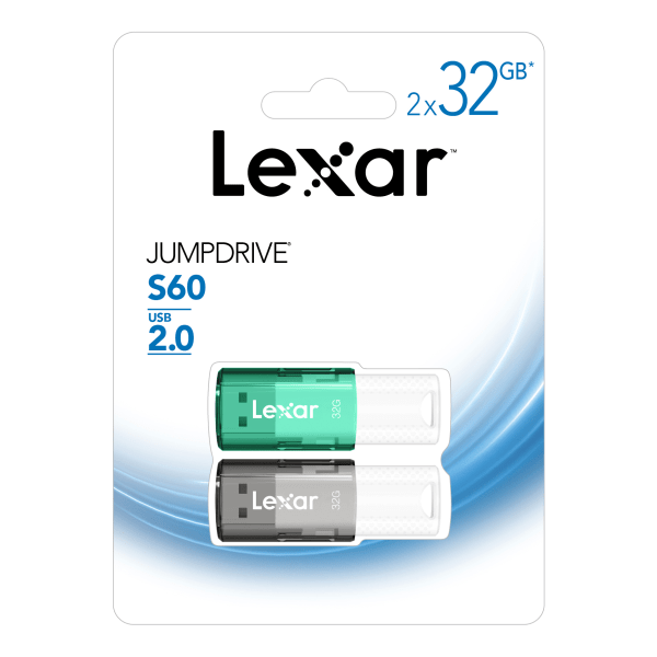 slide 1 of 2, Lexar Jumpdrive S60 Usb 2.0 Flash Drives, 32Gb, Black/Teal, Pack Of 2 Flash Drives, Ljds60-32Gb2Nnu, 2 ct