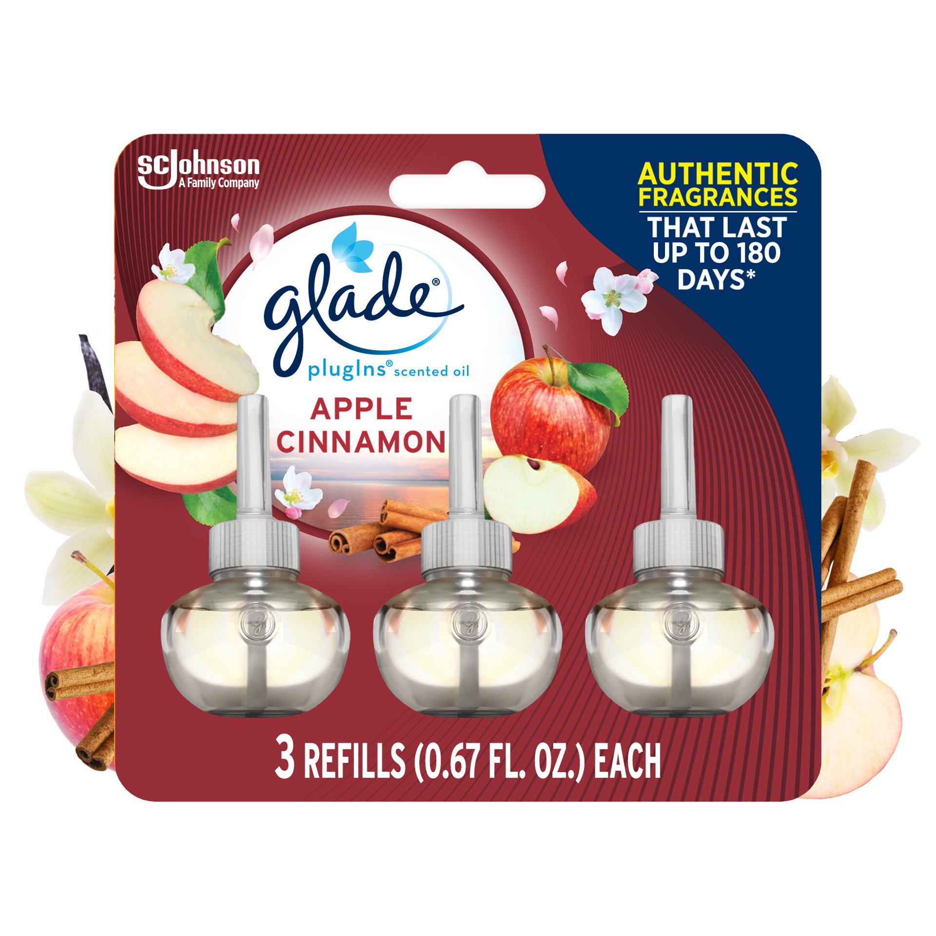 slide 3 of 5, Glade PlugIns Scented Oil 3 Refills, Air Freshener, Apple Cinnamon, 3 x 1.34 oz, 3 ct