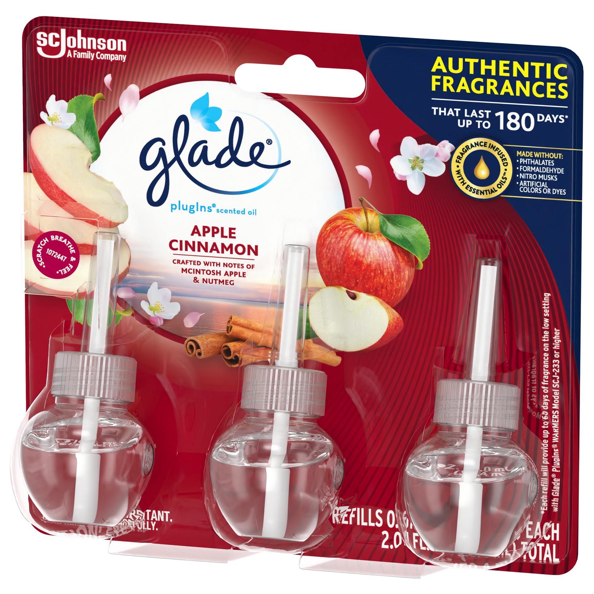 slide 2 of 5, Glade PlugIns Scented Oil 3 Refills, Air Freshener, Apple Cinnamon, 3 x 1.34 oz, 3 ct