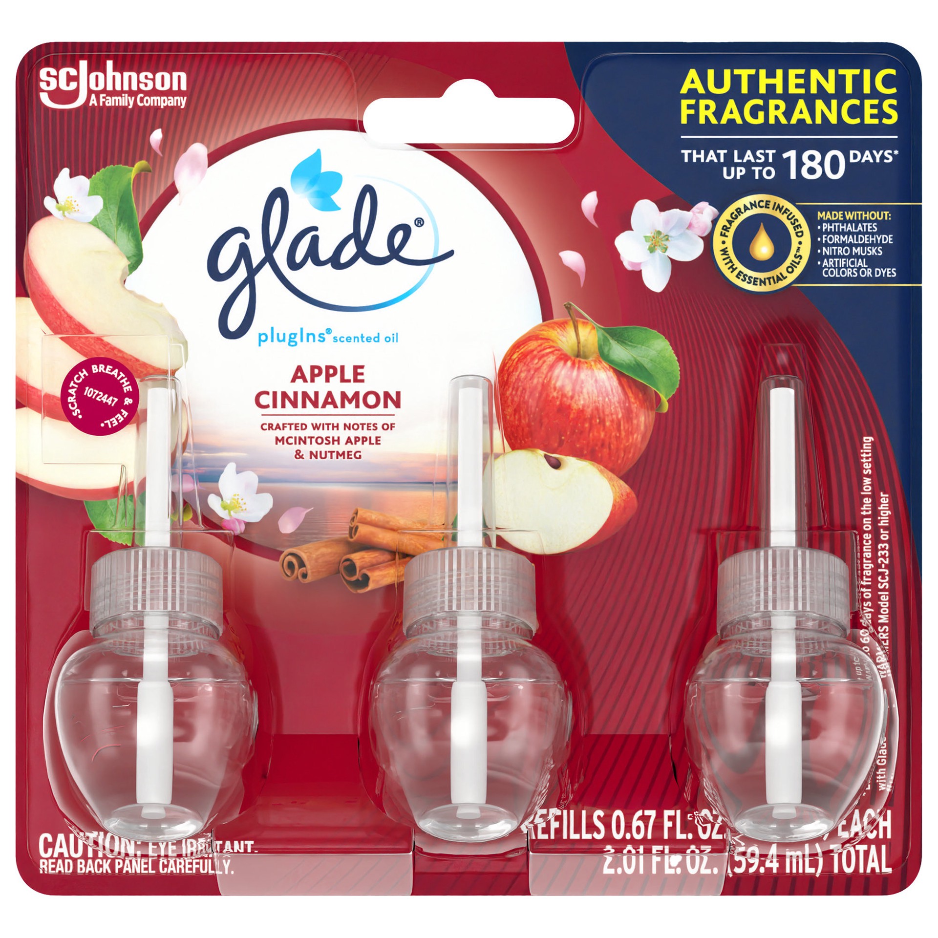 slide 1 of 5, Glade PlugIns Scented Oil 3 Refills, Air Freshener, Apple Cinnamon, 3 x 1.34 oz, 3 ct