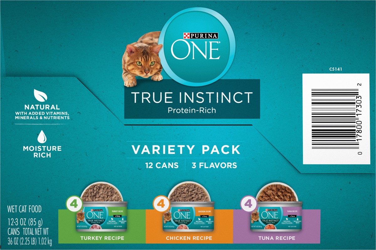 slide 5 of 7, ONE Purina ONE Natural, High Protein Wet Cat Food Variety Pack, True Instinct Turkey, Chicken and Tuna Recipes, 2.25 lb