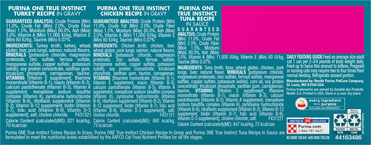 slide 7 of 7, ONE Purina ONE Natural, High Protein Wet Cat Food Variety Pack, True Instinct Turkey, Chicken and Tuna Recipes, 2.25 lb