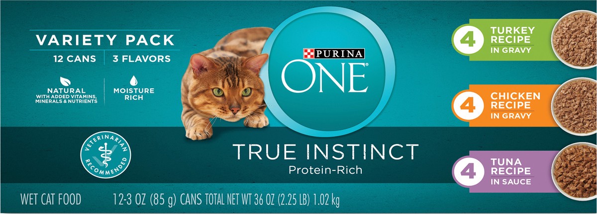 slide 4 of 7, ONE Purina ONE Natural, High Protein Wet Cat Food Variety Pack, True Instinct Turkey, Chicken and Tuna Recipes, 2.25 lb