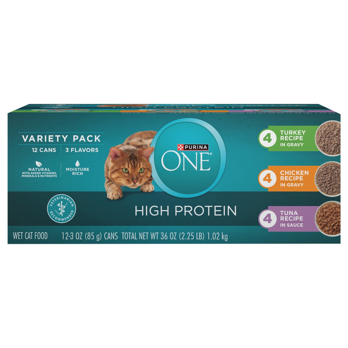 slide 1 of 7, Purina ONE Natural, High Protein Cat Food Variety Pack, Turkey, Chicken and Tuna Recipes - (12) 3 oz. Cans, 12 ct